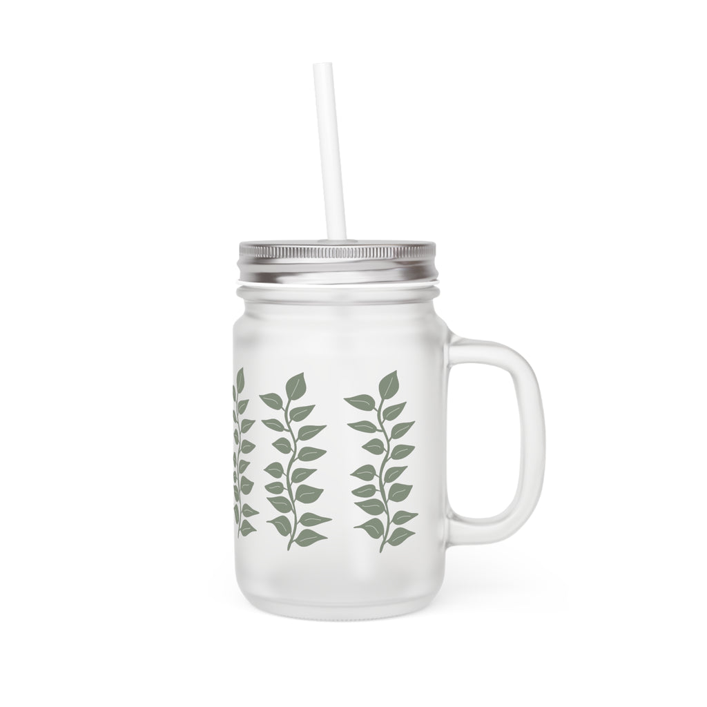 Frosted Mason Jar Tumbler with Green Leaf Vines – Insulated Straw Mug