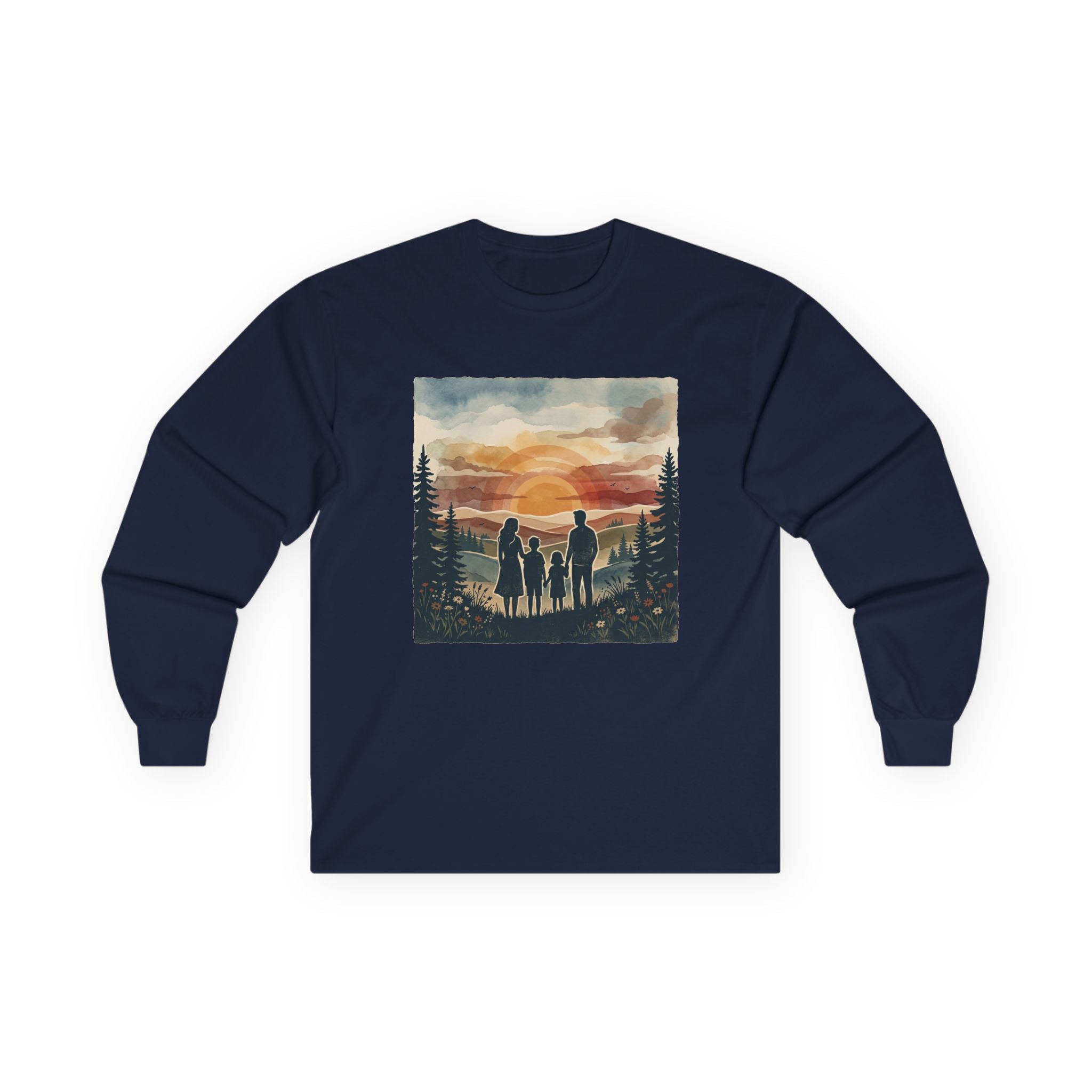 Family Camping Sunset Long Sleeve Tee — Silhouette Outdoor Graphic Shirt