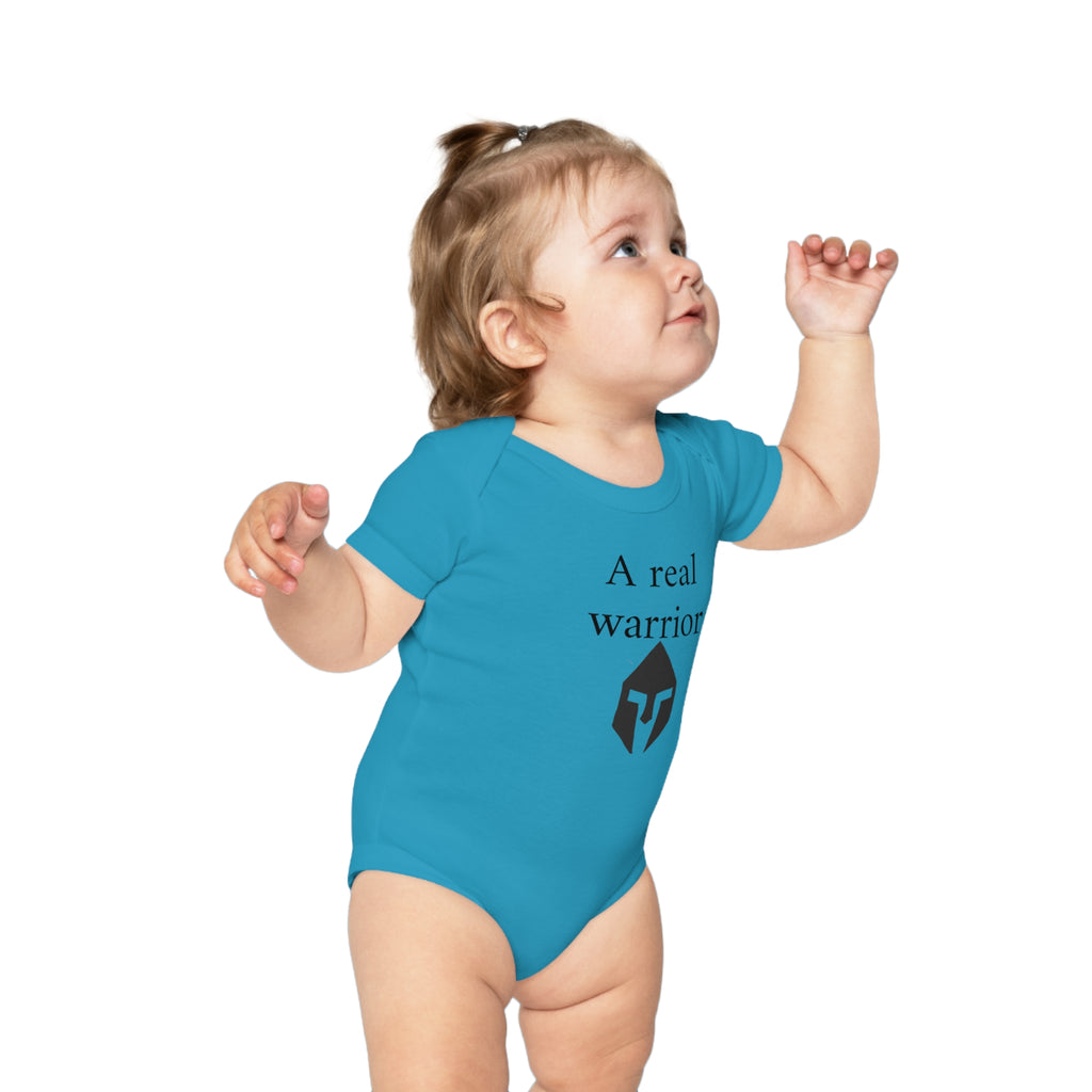Baby Bodysuit “A Real Warrior” – Infant Onesie with Spartan Helmet Design