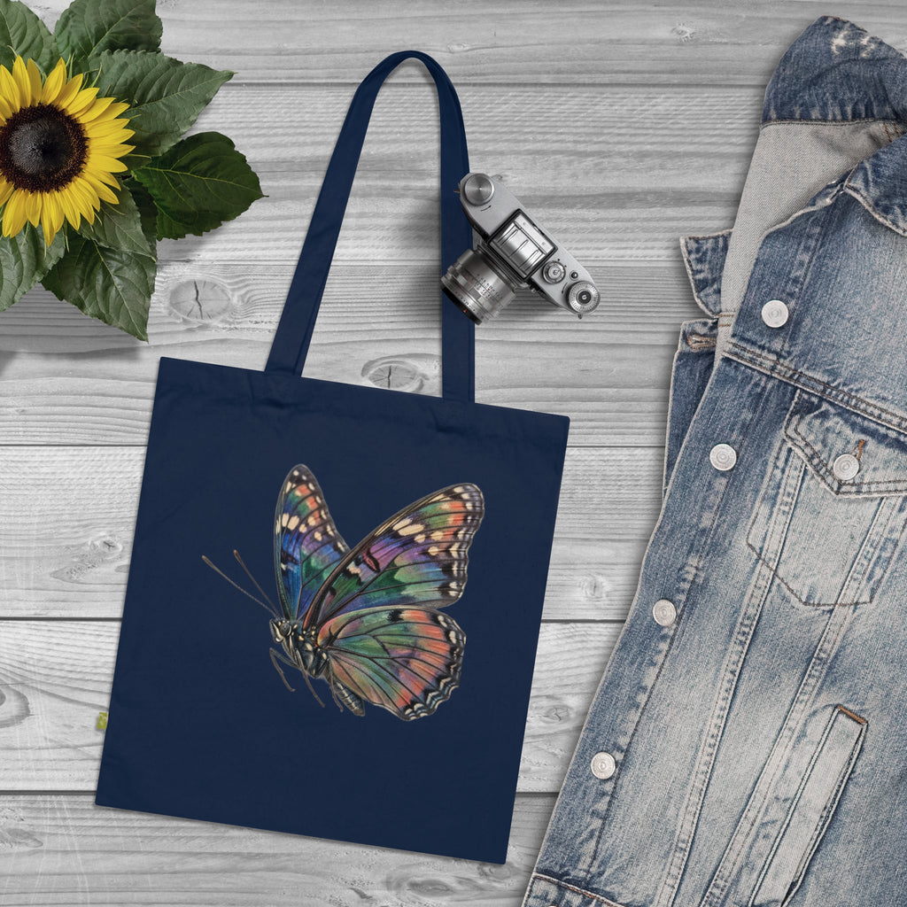 Navy Organic Tote Bag with Watercolor Rainbow Butterfly — Eco-Friendly Market & Gift Tote