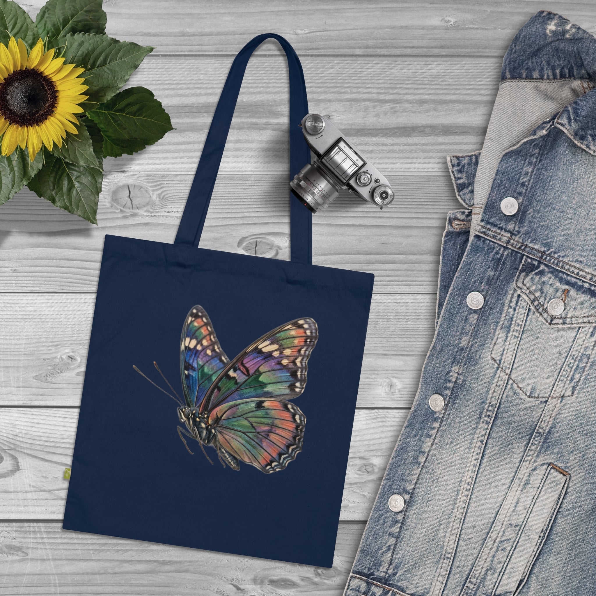 Navy Organic Tote Bag with Watercolor Rainbow Butterfly — Eco-Friendly Market & Gift Tote