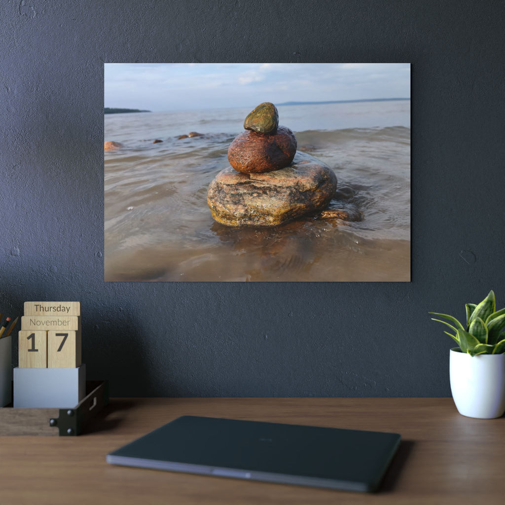 Stacked Beach Rocks Aluminum Panel Wall Art — Serene Coastal Zen Photo Print