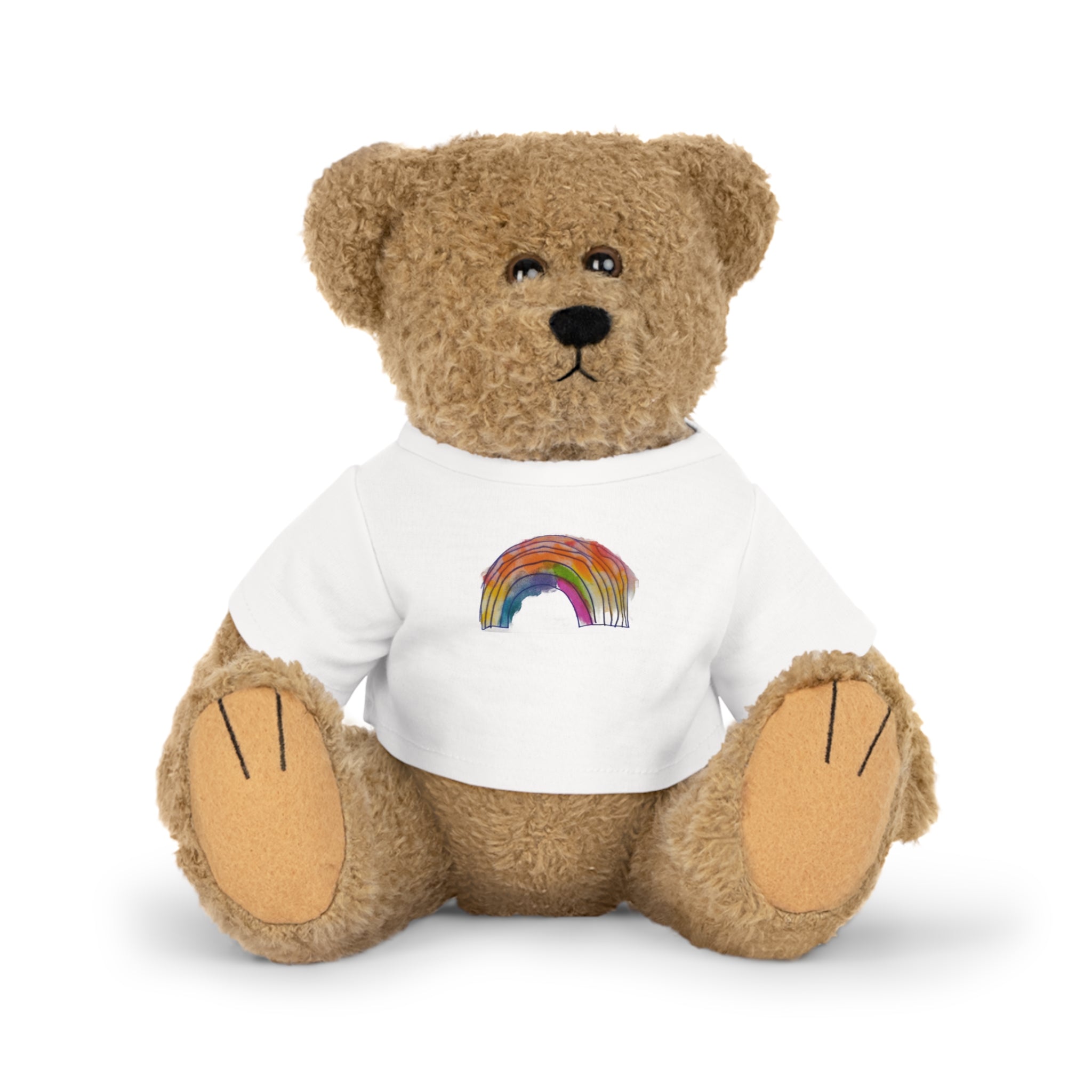 Rainbow Heart Teddy Plush with White T‑Shirt — Cute Rainbow Design Stuffed Bear Gift