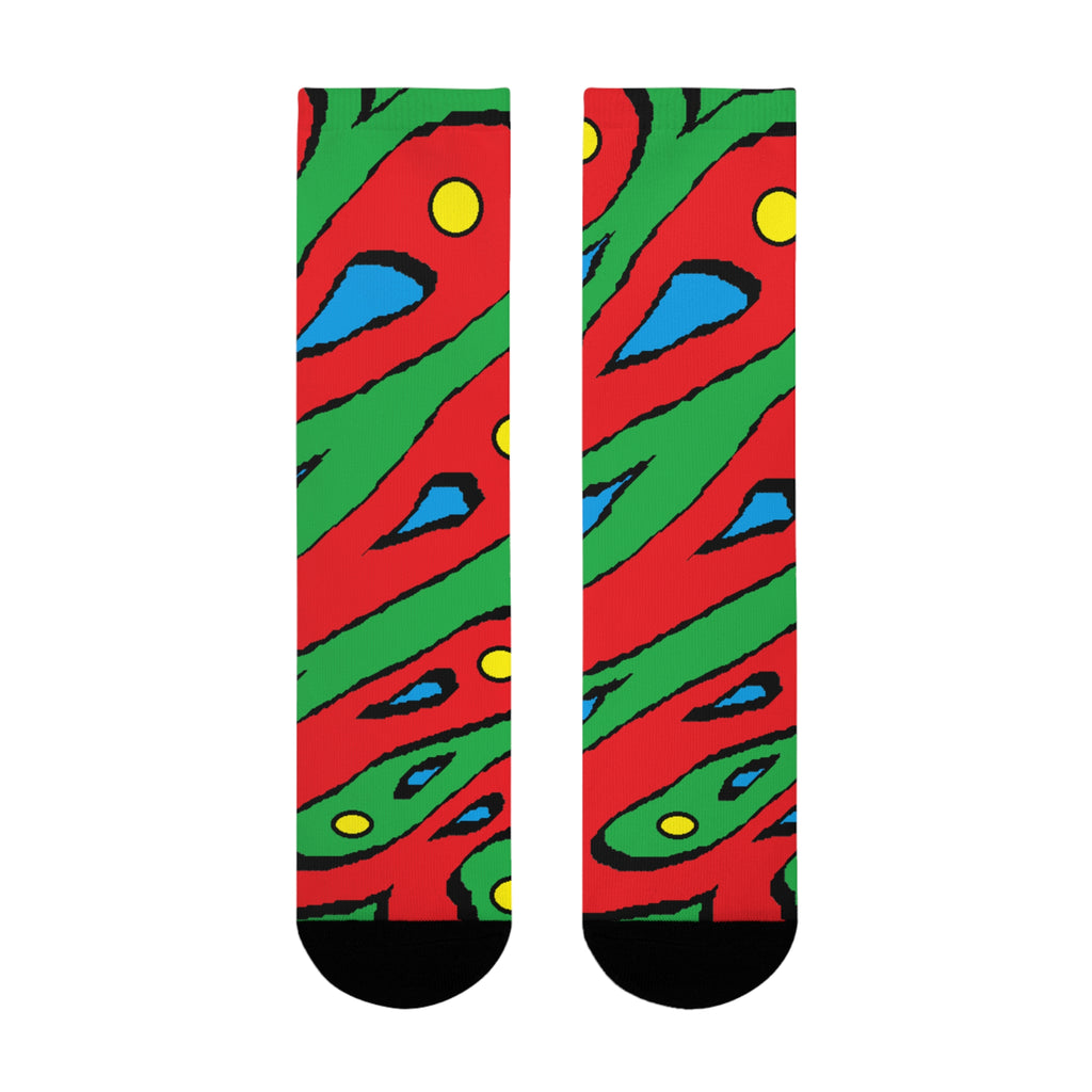 Abstract Colorful Swirl Crew Socks – Bold Red, Green & Blue Sublimation Design