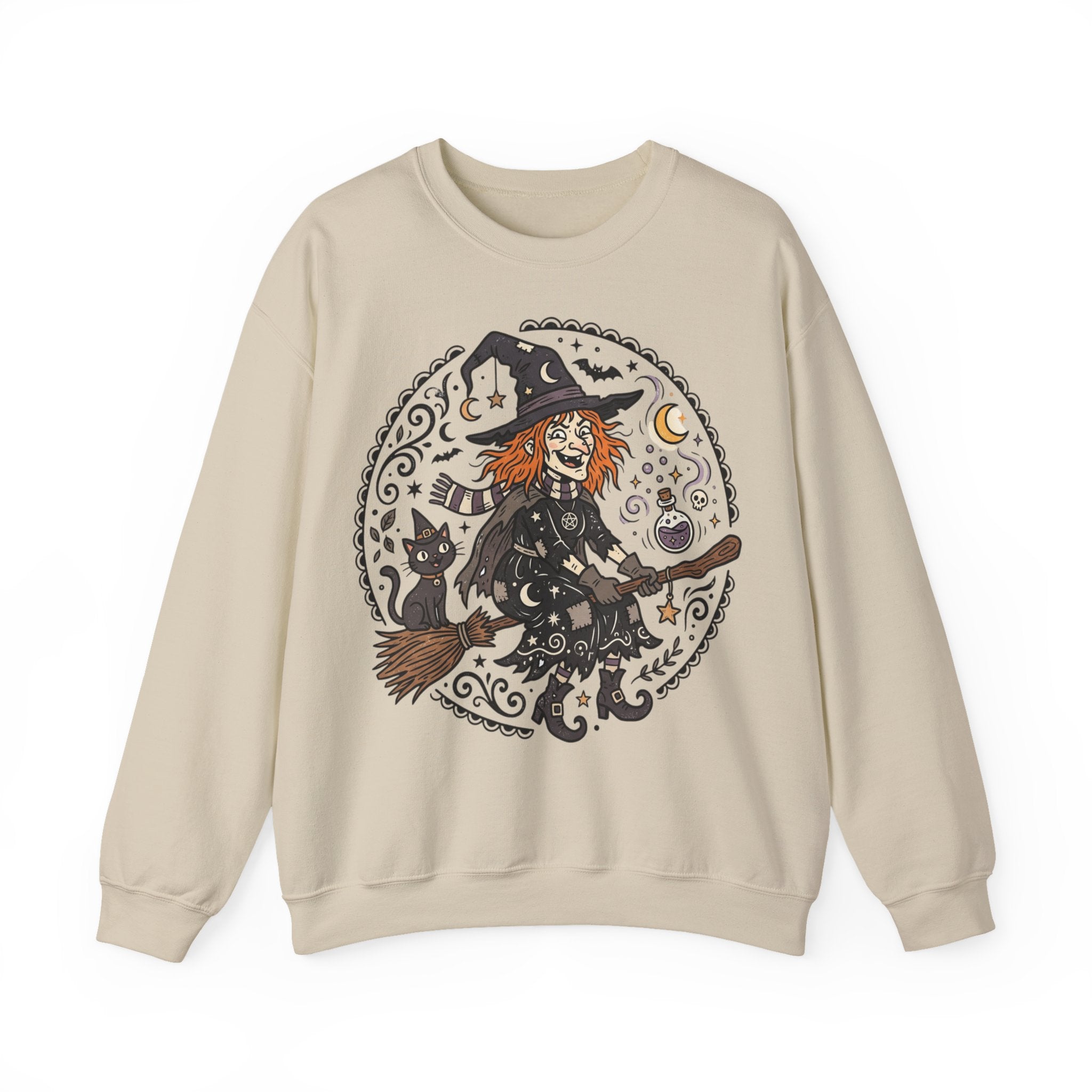 Witch & Black Cat Crewneck Sweatshirt — Halloween Witch Broom Graphic