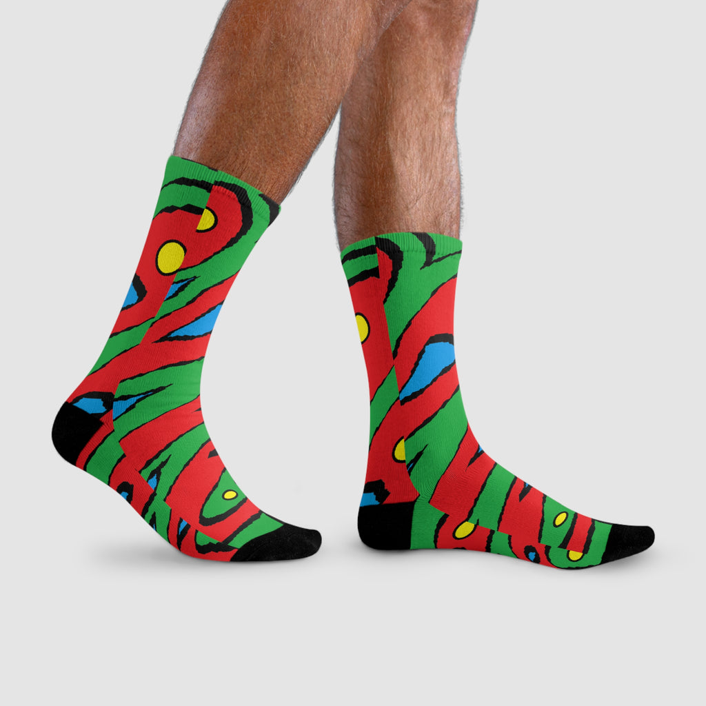 Abstract Colorful Swirl Crew Socks – Bold Red, Green & Blue Sublimation Design