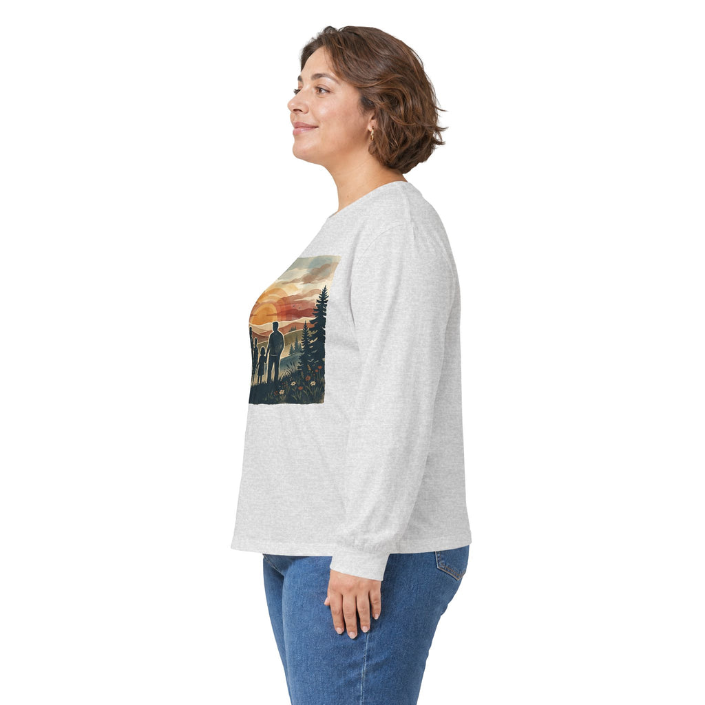 Family Camping Sunset Long Sleeve Tee — Silhouette Outdoor Graphic Shirt
