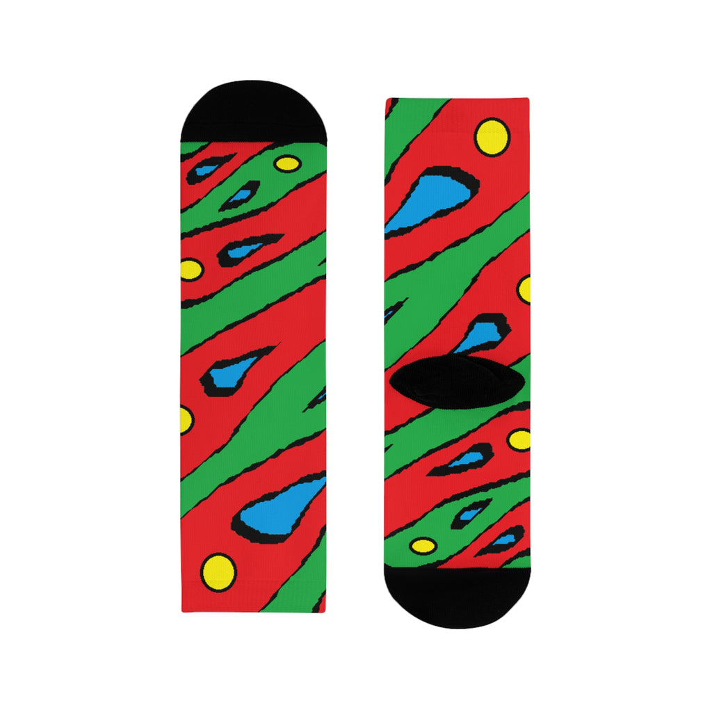 Abstract Colorful Swirl Crew Socks – Bold Red, Green & Blue Sublimation Design