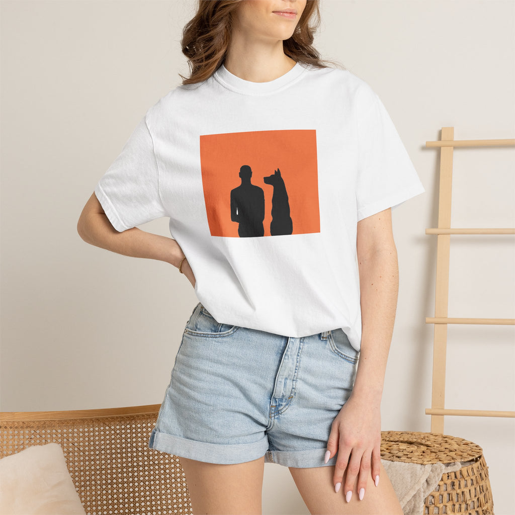 Silhouette Duo T-Shirt — Man and Dog Orange Panel Graphic Tee