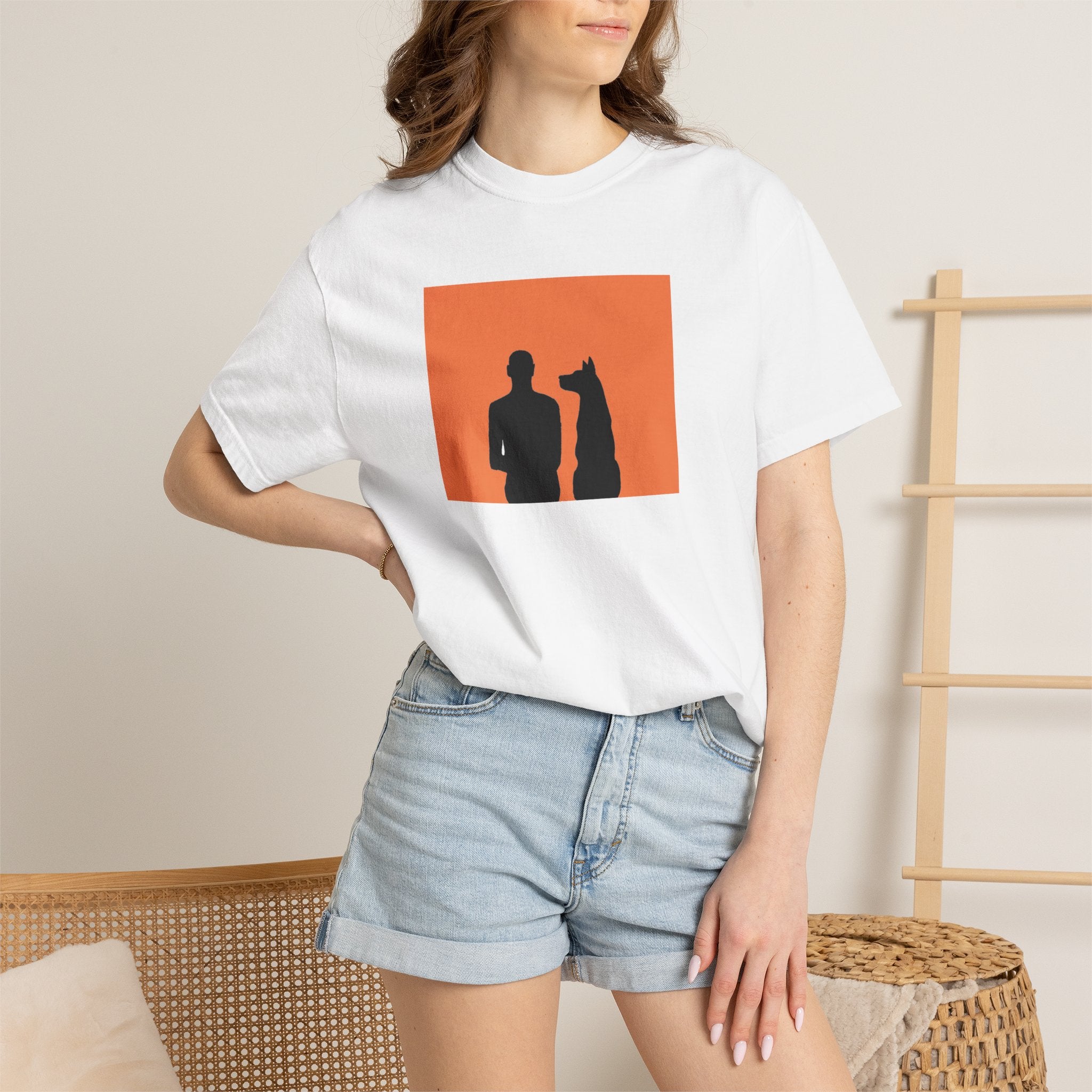 Silhouette Duo T-Shirt — Man and Dog Orange Panel Graphic Tee