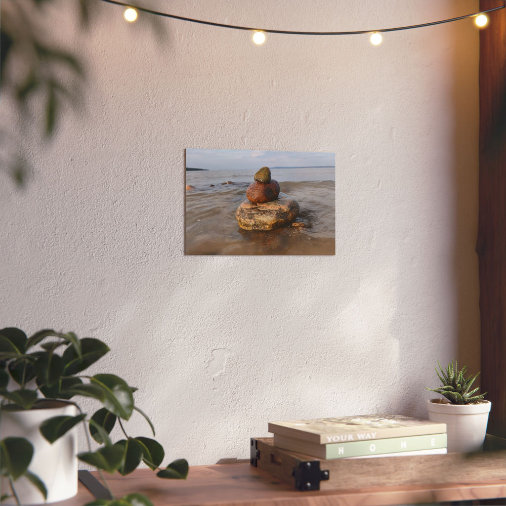Stacked Beach Rocks Aluminum Panel Wall Art — Serene Coastal Zen Photo Print