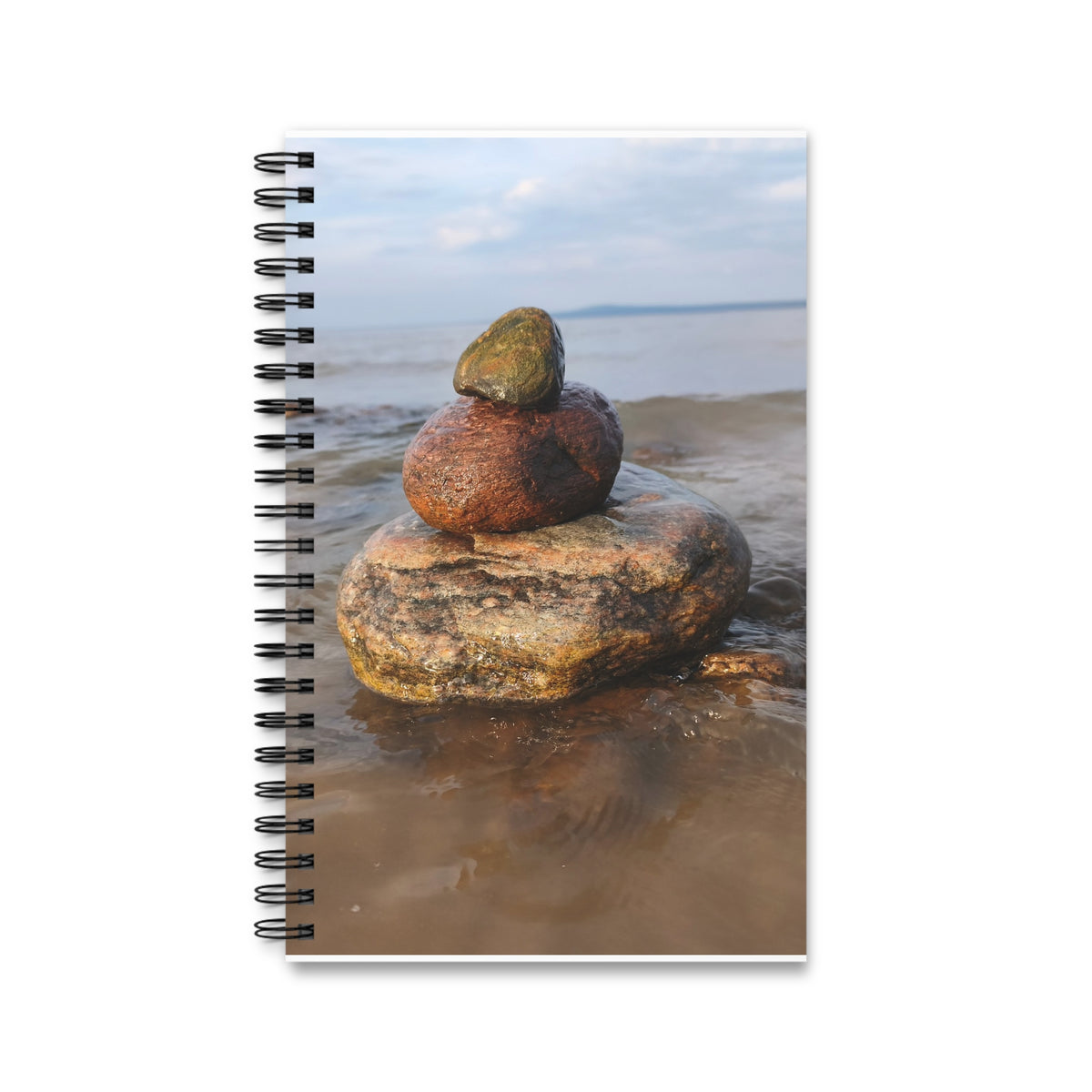 Rock Stack Spiral Journal — Coastal Beach Photography Notebook for Mindful Journaling