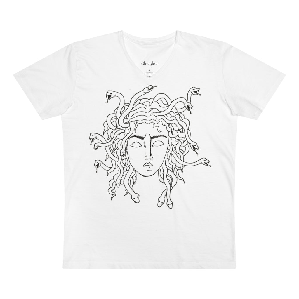Medusa Line Art V-Neck Men’s Tee — Mythical Snake Hair Graphic Shirt