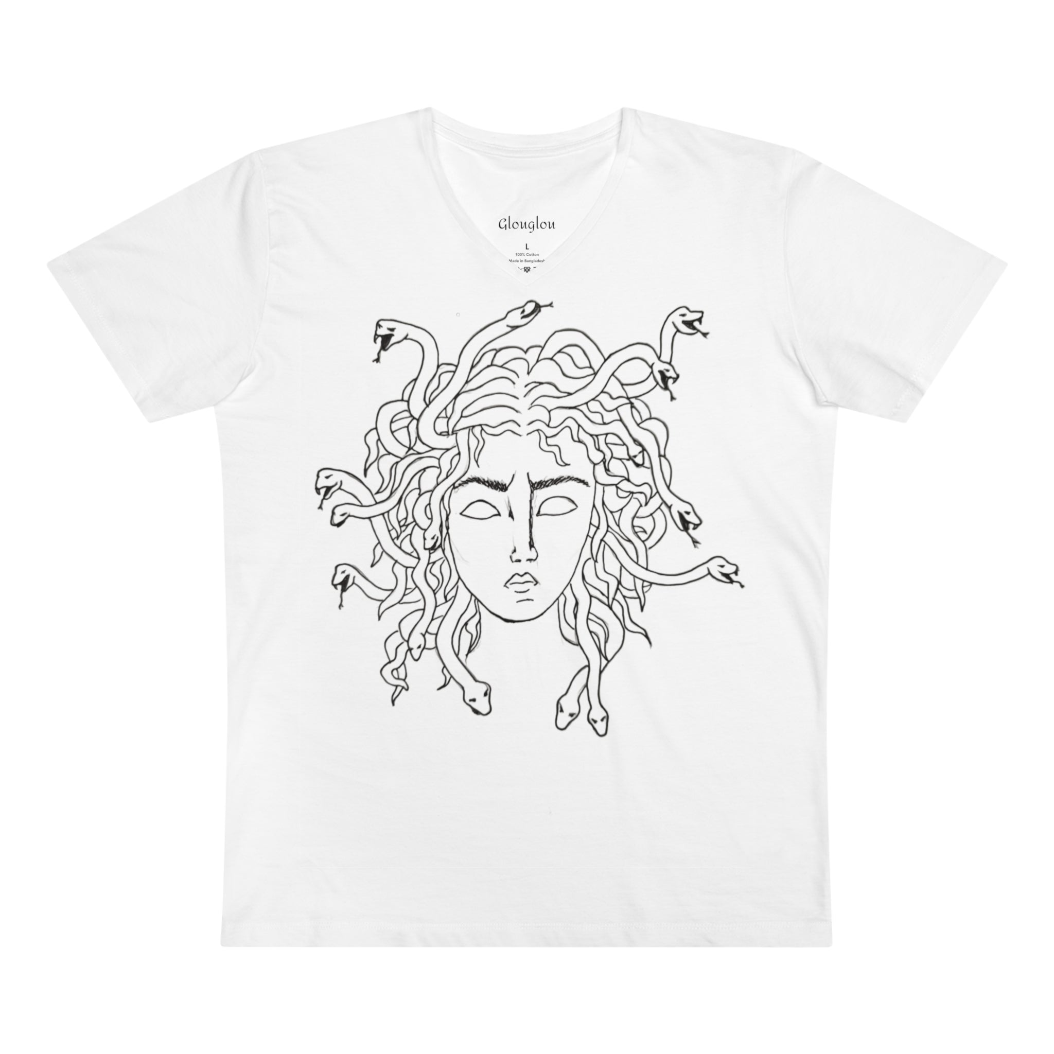 Medusa Line Art V-Neck Men’s Tee — Mythical Snake Hair Graphic Shirt