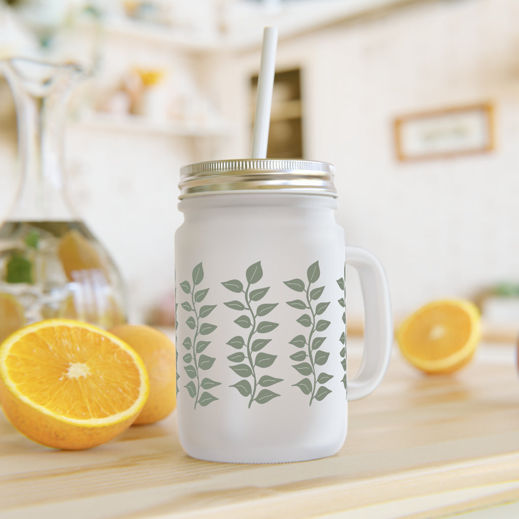 Frosted Mason Jar Tumbler with Green Leaf Vines – Insulated Straw Mug