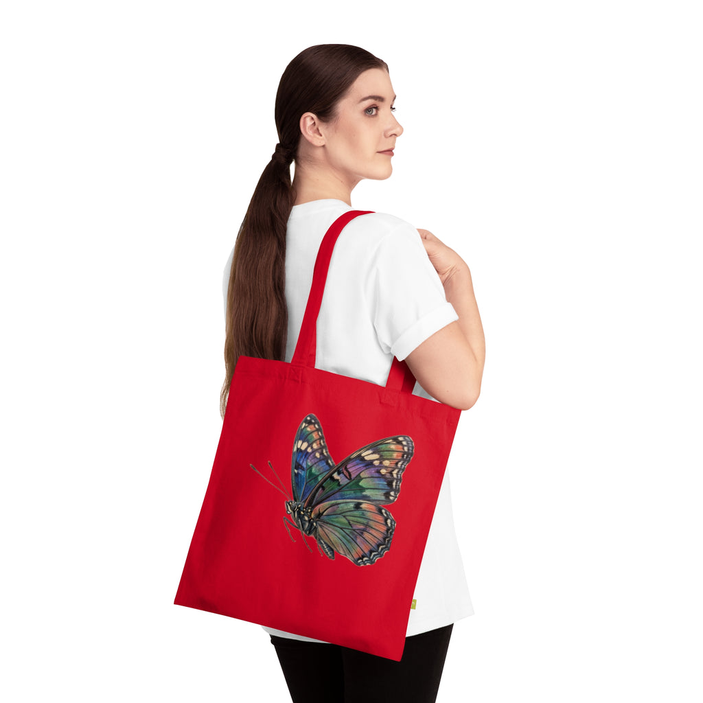 Navy Organic Tote Bag with Watercolor Rainbow Butterfly — Eco-Friendly Market & Gift Tote