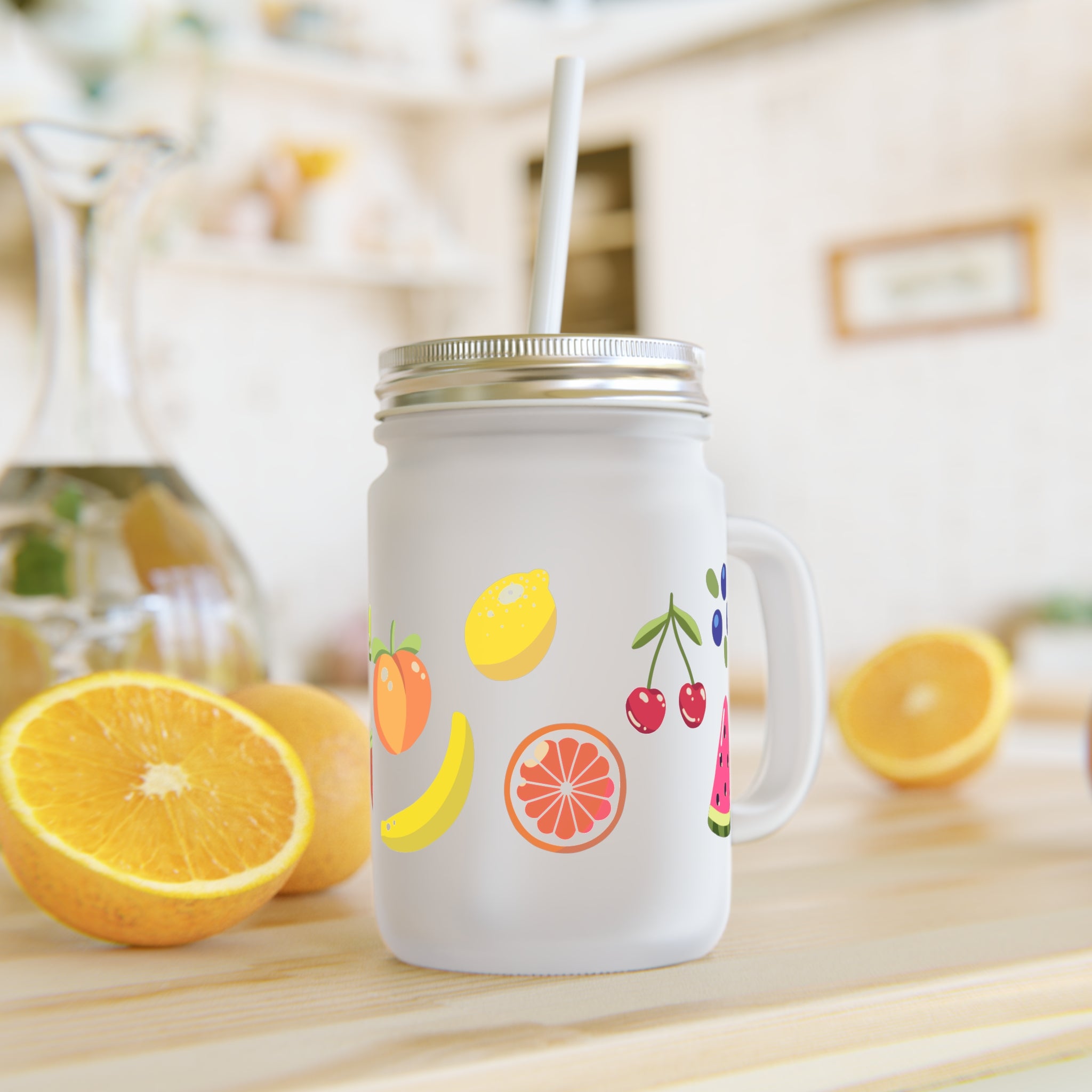 Fruit Pattern Mason Jar Cup with Straw — Summer Picnic Drink Tumbler