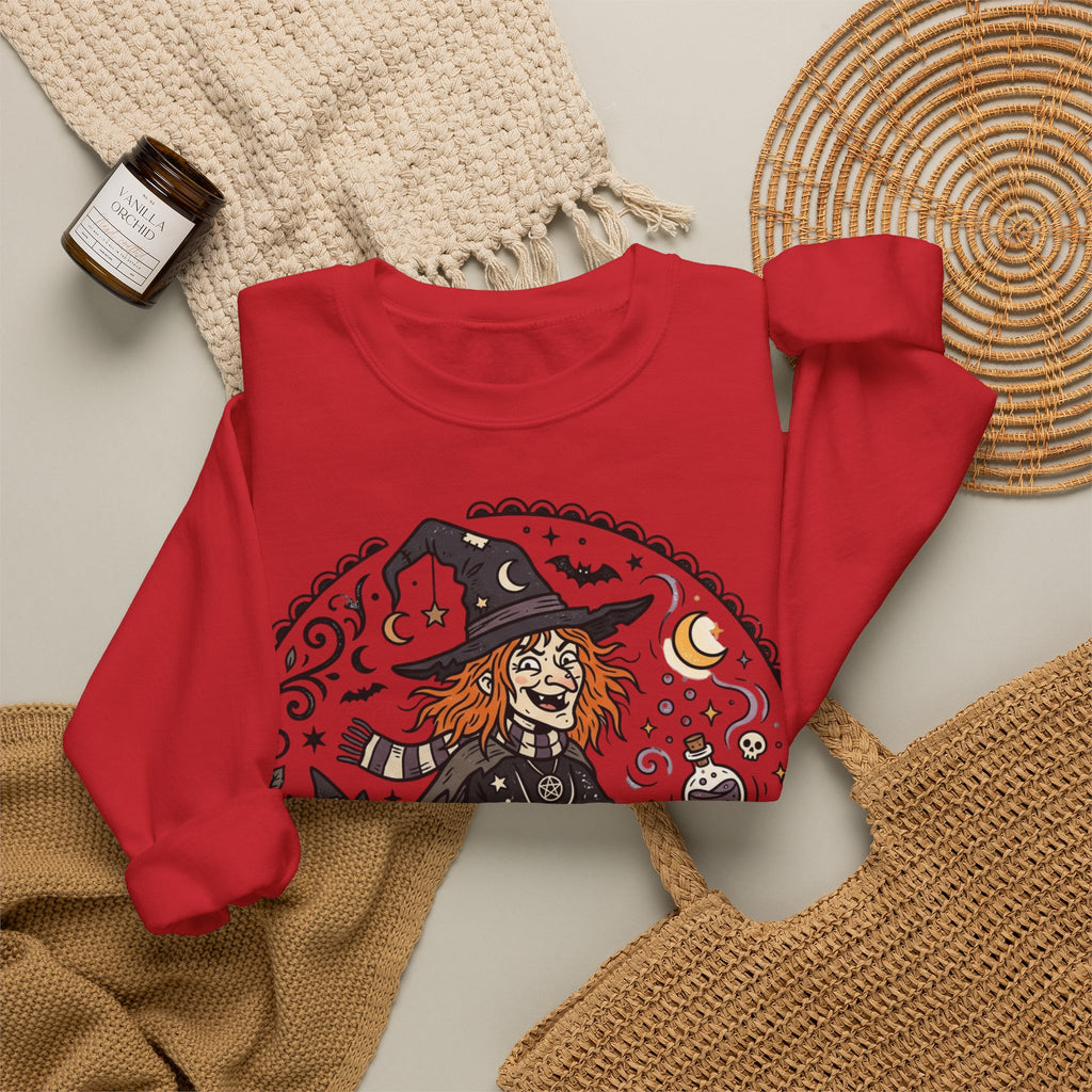 Witch & Black Cat Crewneck Sweatshirt — Halloween Witch Broom Graphic
