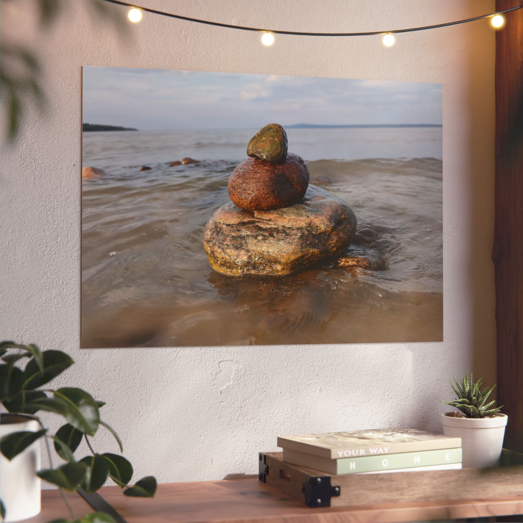 Stacked Beach Rocks Aluminum Panel Wall Art — Serene Coastal Zen Photo Print