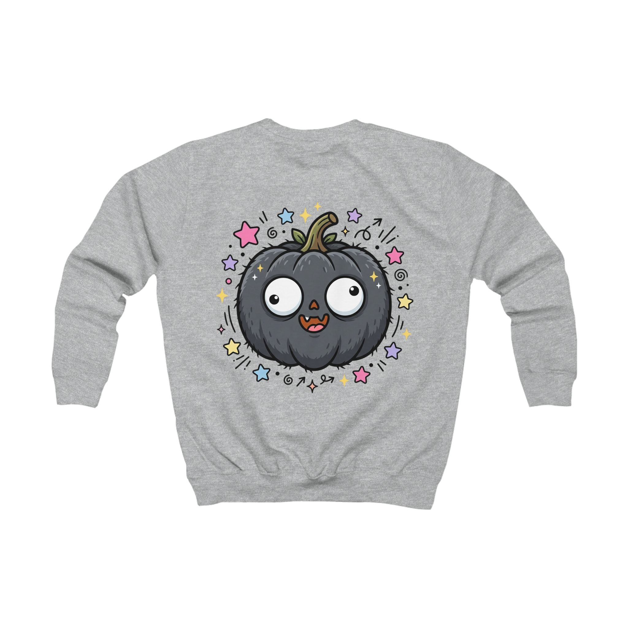 Kids Sweatshirt — Cute Black Pumpkin Cartoon Halloween Crewneck for Children