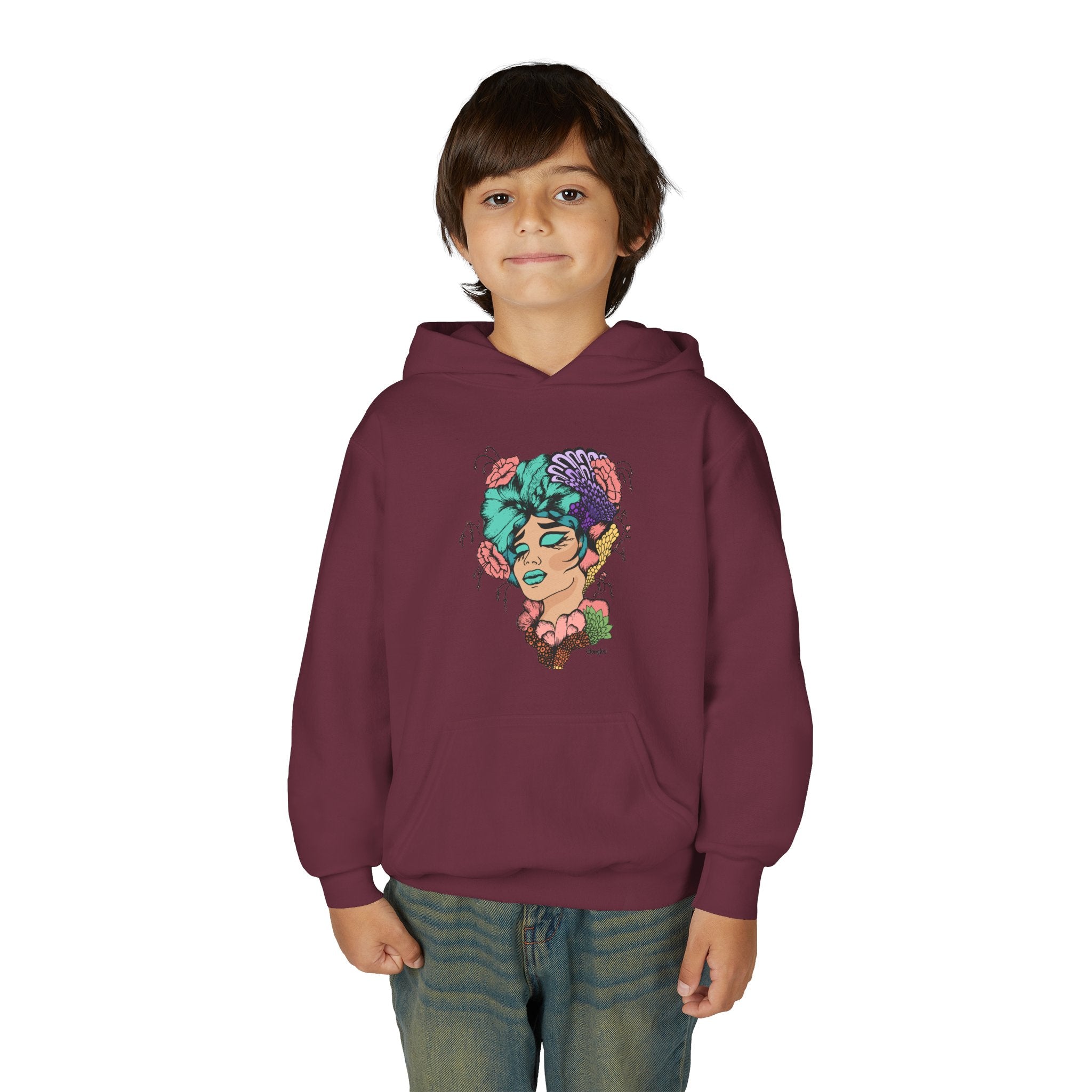 Youth Hoodie — Colorful Floral Portrait Graphic