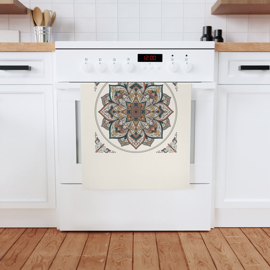 Mandala Cotton Tea Towel – Boho Floral Kitchen Towel, Earth Tone Decorative Dish Towel