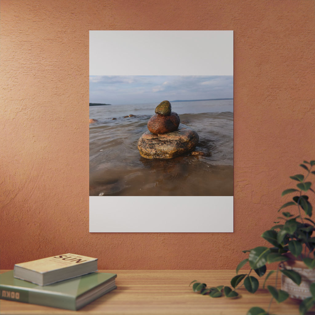 Stacked Beach Rocks Aluminum Panel Wall Art — Serene Coastal Zen Photo Print