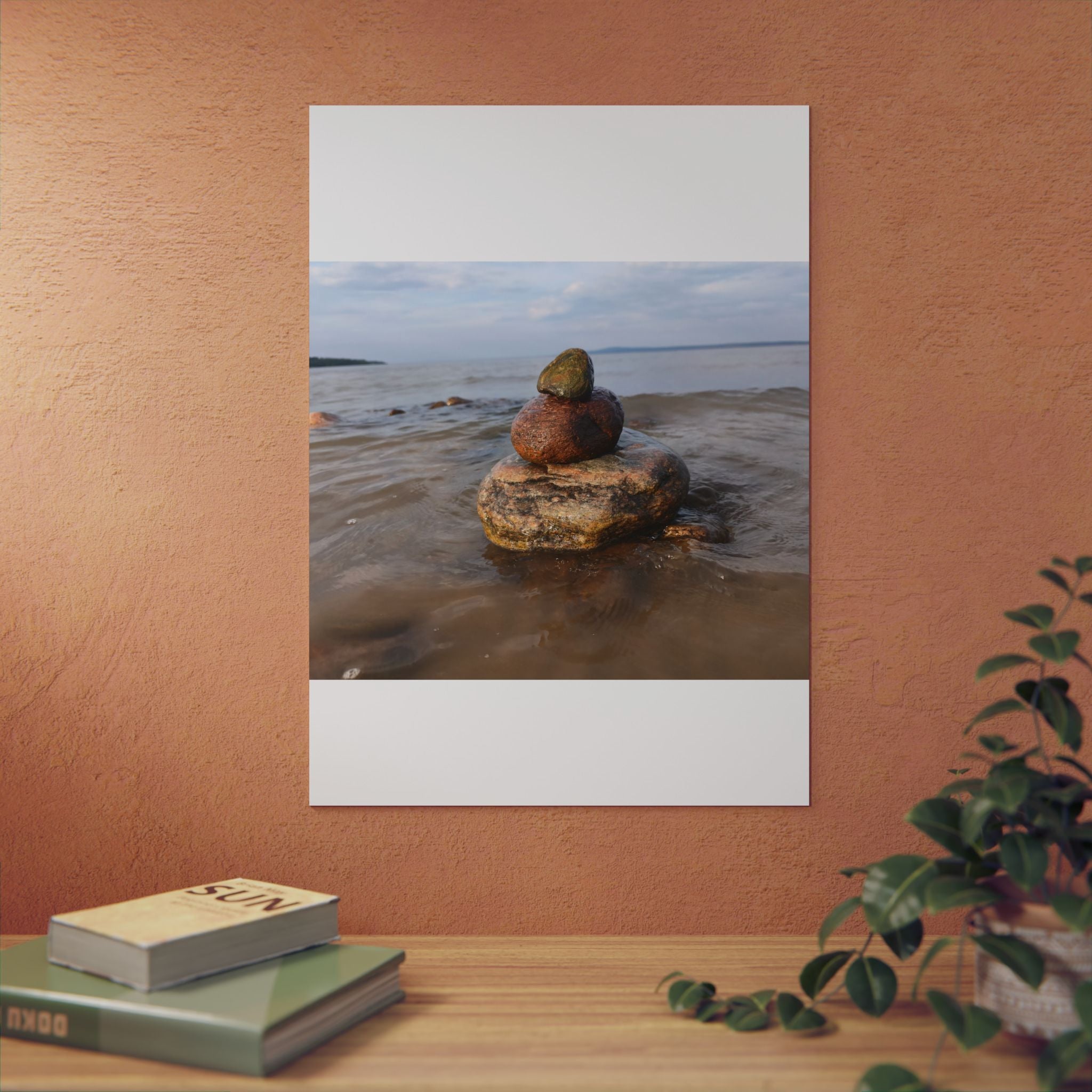 Stacked Beach Rocks Aluminum Panel Wall Art — Serene Coastal Zen Photo Print