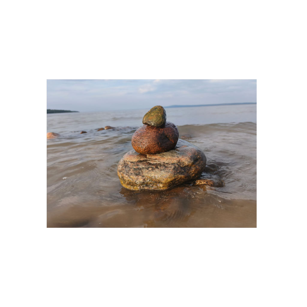 Stacked Beach Rocks Aluminum Panel Wall Art — Serene Coastal Zen Photo Print