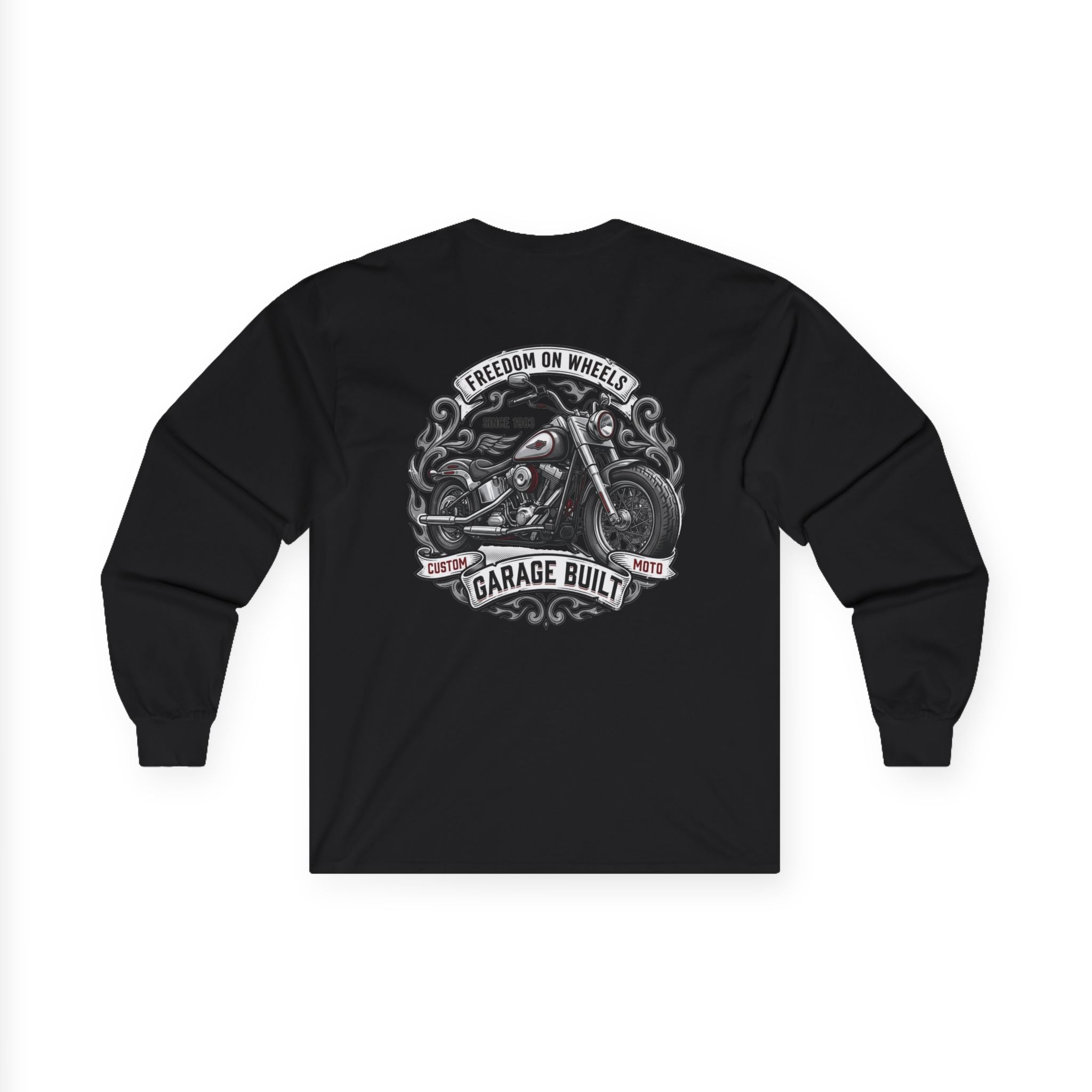 Motorcycle Garage Long Sleeve Tee — “Freedom on Wheels” Biker Shirt