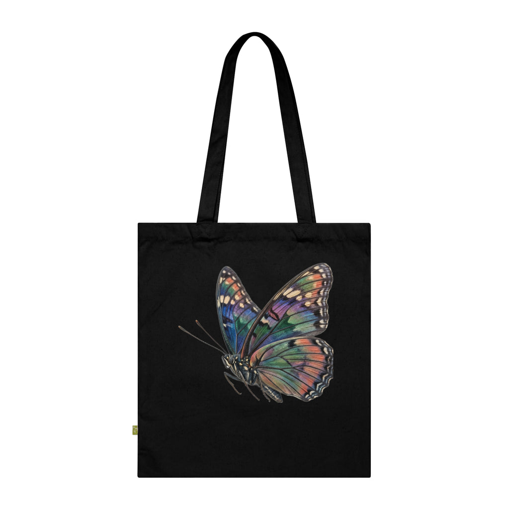 Navy Organic Tote Bag with Watercolor Rainbow Butterfly — Eco-Friendly Market & Gift Tote