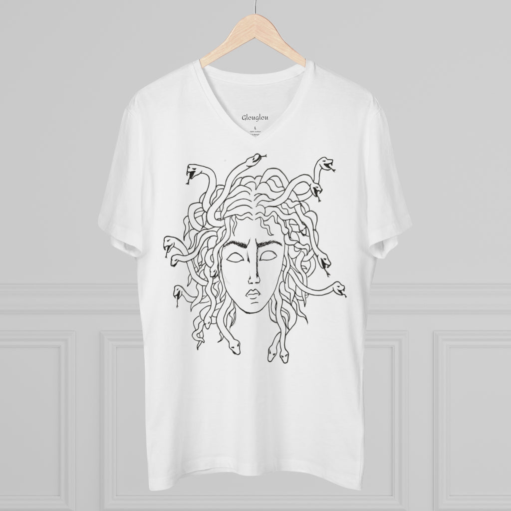 Medusa Line Art V-Neck Men’s Tee — Mythical Snake Hair Graphic Shirt