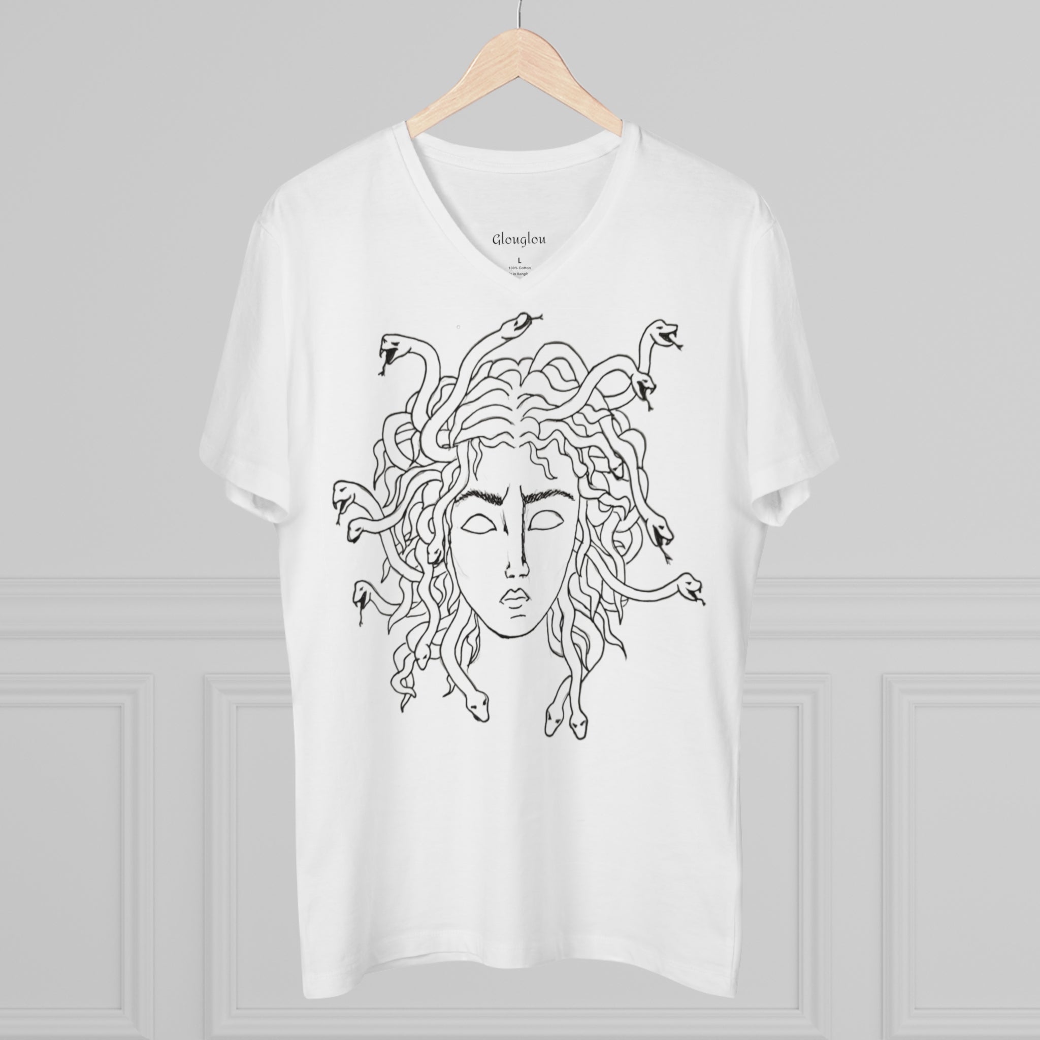 Medusa Line Art V-Neck Men’s Tee — Mythical Snake Hair Graphic Shirt
