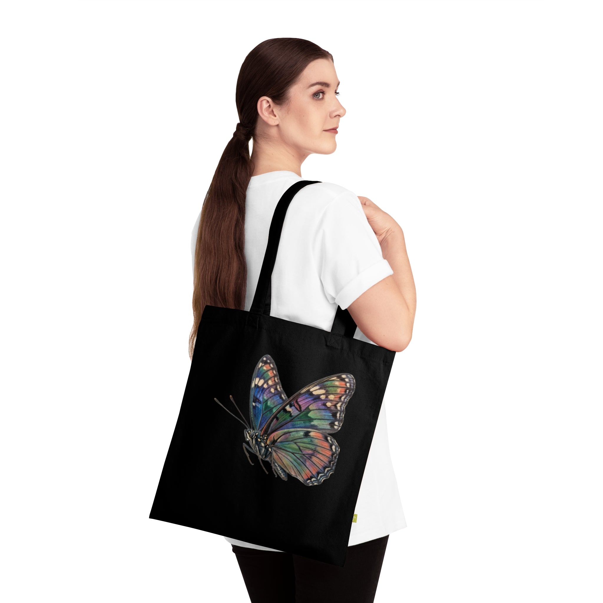 Navy Organic Tote Bag with Watercolor Rainbow Butterfly — Eco-Friendly Market & Gift Tote