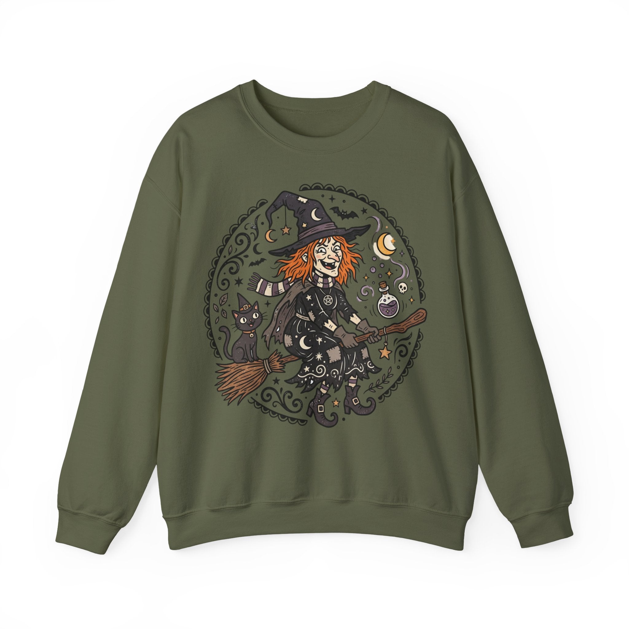 Witch & Black Cat Crewneck Sweatshirt — Halloween Witch Broom Graphic