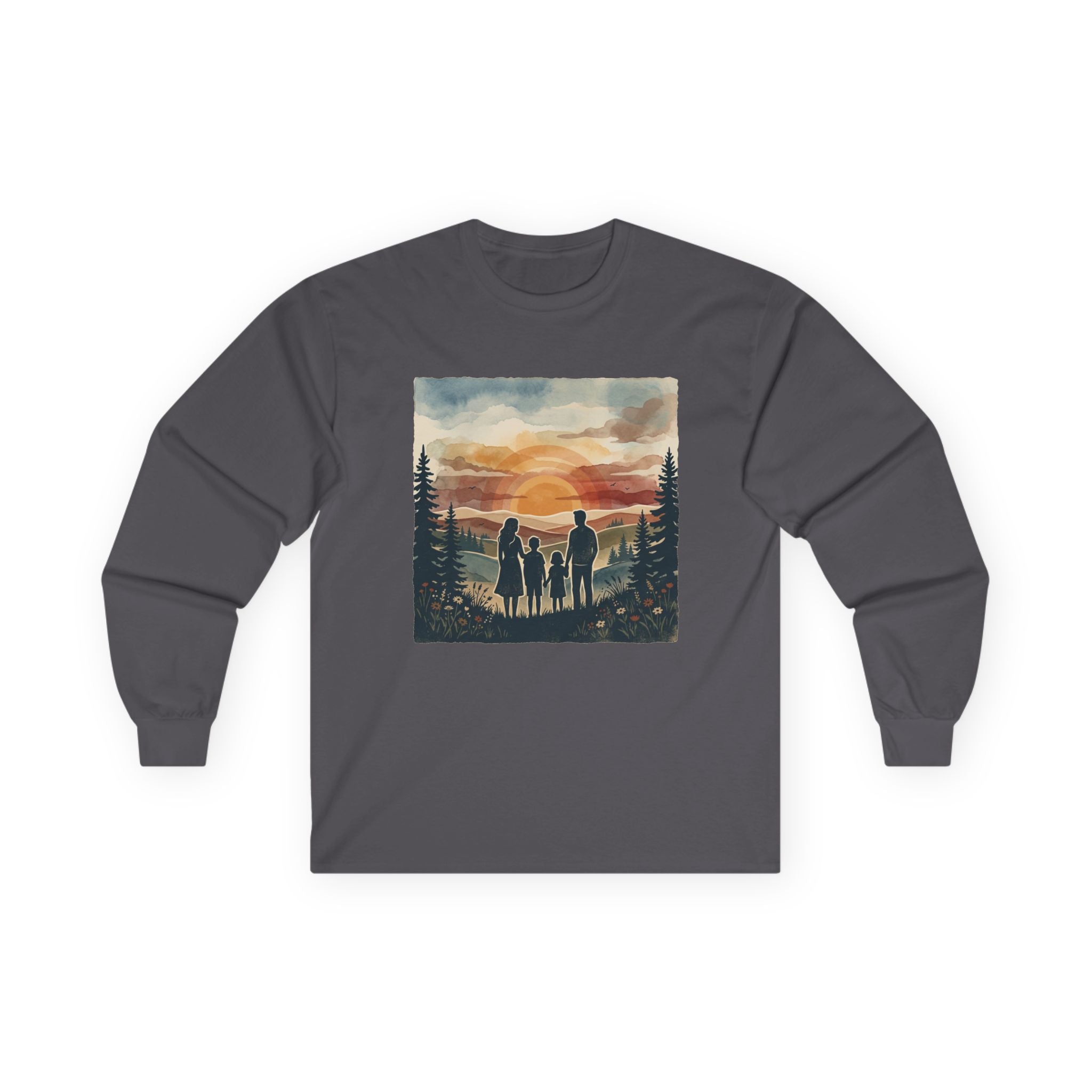 Family Camping Sunset Long Sleeve Tee — Silhouette Outdoor Graphic Shirt